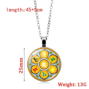 Mandala gemstone pendant necklace with Six Syllable Mantra in silver alloy finish