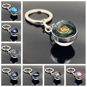 Space Galaxy Keychain Glass Cabochon Nebula Pendant Key Ring Zinc Alloy Double Sided Sphere Key Chain For Bag Men Women Gift