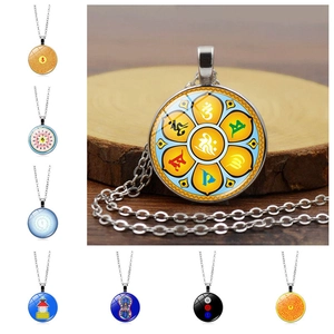 Mandala gemstone pendant necklace with Sanskrit Om Mani Padme Hum mantra in silver finish