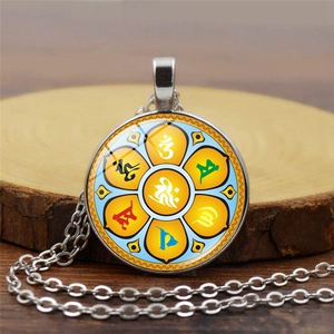 Vintage Alloy Glass Mandala Pendant Necklace Religious Lotus Sanskrit Symbols Amulet Jewelry For Men Women Gift Accessory