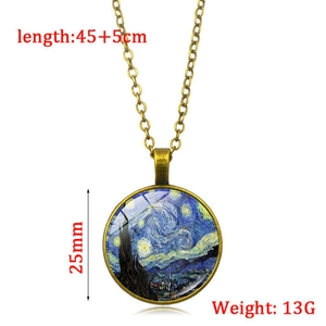 Luminous Van Gogh Starry Night glass pendant necklace in vintage bronze finish for women