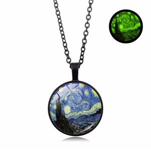 Luminous Van Gogh Starry Night glass pendant necklace with green glow in the dark effect
