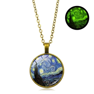 Luminous Van Gogh Starry Night pendant necklace with retro bronze chain and glass dome