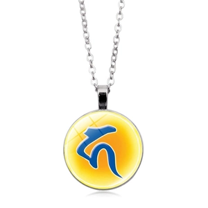 Detailed close-up of a silver pendant necklace featuring a blue stylized symbol on yellow