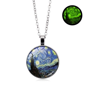 Luminous Van Gogh Starry Night glass pendant necklace with glowing effect in the dark
