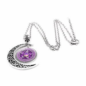 Triple Moon Goddess ketting met zilveren maansikkel hanger en paarse mystieke symbolen