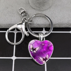 Heart Shaped Butterfly Keychain With Glass Cabochon Alloy Metal Key Ring Pendant For Bag Hanging Charms Romantic Gift For Women