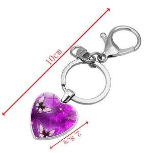 Blue butterfly heart glass pendant keychain with silver metal ring and lobster clasp