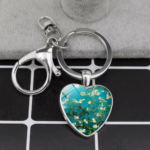 Heart-shaped Van Gogh Almond Blossom keychain with silver lobster clasp and ring