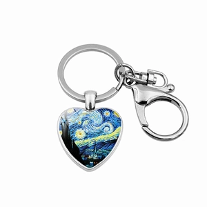 Van Gogh Famous Paintings Heart Shaped Keychain Silver Zinc Alloy Glass Cabochon Art Pendant Gift For Women Key Ring Accessories