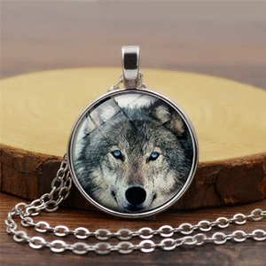 Vintage Wolfskopf Anhänger Halskette Legierung Glas Zeit Edelstein Schmuck Punk Tierporträt Pulloverkette Für Herren Damen Zubehör