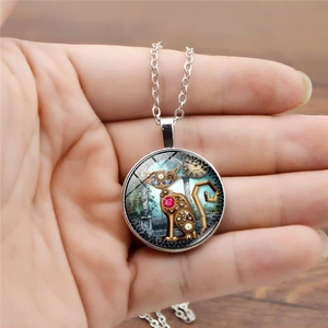 Collier pendentif chat steampunk vintage avec motifs engrenages et gemme sous verre