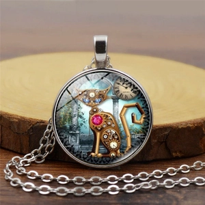 Collier chat mécanique steampunk vintage avec engrenages en bronze et pierre rose