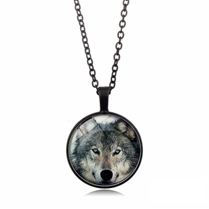 Vintage Wolfskopf Glaskuppel Anhänger Halskette mit blauen Augen an schwarzer Kette