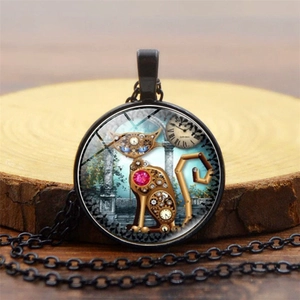 Collier Pendentif Chat Steampunk Rétro Alliage Verre Cabochon Engrenage Mécanique Horloge Visage Animal Bijoux Cadeaux Hommes Femmes