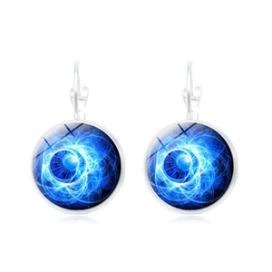Detailed close-up of bohemian mandala earrings featuring blue fractal galaxy patterns