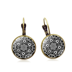 Vintage bronze mandala earrings with black and white geometric pattern and leverback hooks