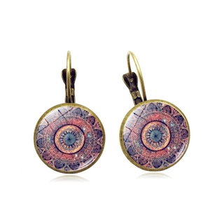 Bohemian mandala glass leverback earrings with antique bronze finish and purple yoga pattern