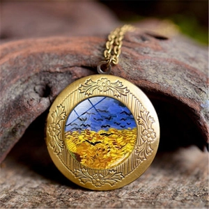 Collier médaillon vintage avec peinture de Van Gogh et bords floraux embossés