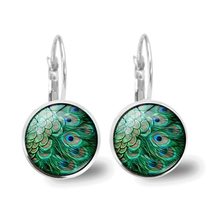 Vintage Peacock Feather Drop Earrings Alloy Glass Cabochon Leverback French Hooks For Women Ethnic Jewelry Gift