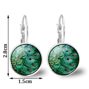 Silver drop earrings with peacock feather pattern glass dome, measuring 2.8cm in height