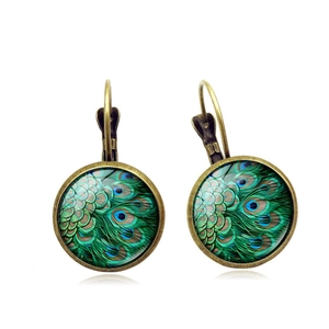 Vintage silver earrings with peacock feather glass cabochon and French lever-back hooks