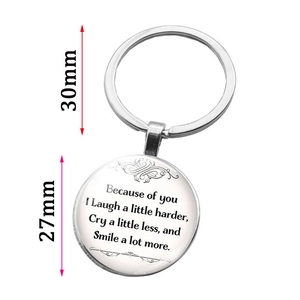Because of You silver quote keychain with glass pendant and stainless steel ring