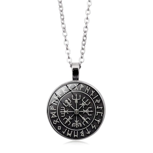 Vintage Viking Compass Pendant Necklace Nordic Runes Vegvisir Glass Cabochon Alloy Sweater Chain Jewelry For Men Women