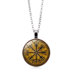 Viking compass glass cabochon pendant necklace with silver O-chain and vintage gold dial