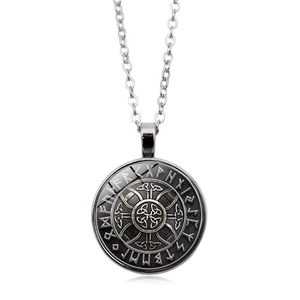 Viking compass necklace with rune circle and celtic knot in vintage silver pendant