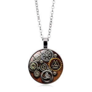 Viking compass glass pendant necklace featuring steampunk gears and Norse symbols