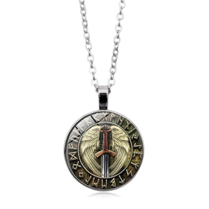 Viking compass necklace with winged sword glass pendant and Nordic rune details