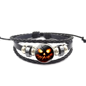 Retro multi-layer Halloween pumpkin glass cabochon leather bracelet for men and women