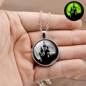 Luminous Halloween necklace with vintage moon castle glass pendant and silver chain