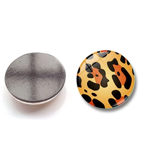 Detailed front and back view of round leopard print crystal glass fridge magnets
