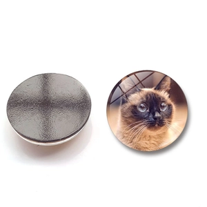 Front and back detail of a round crystal glass Siamese cat magnet with rubber backing