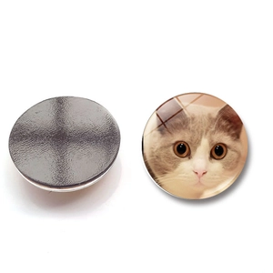 Detailed view of the glass cat face fridge magnet with its round magnetic backing