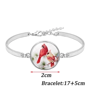 Silver red cardinal bird glass charm bracelet with adjustable chain for women