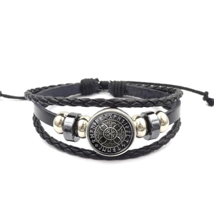 Vintage Viking compass leather bracelet with multilayered braided beads and runes