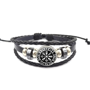 Multi-layer braided leather bracelet with Viking Vegvisir compass charm and Rune design