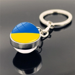 Porte-clés Patriotique Drapeau National de l'Ukraine Pendentif Boule en Verre Double Face Anneau de Clé en Alliage de Zinc Métal