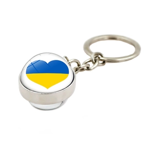 Porte-clés drapeau Ukraine avec boule de verre double face et pendentif cœur en métal argenté