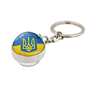 Porte-clés drapeau Ukraine avec boule de verre double face et pendentif trident en métal