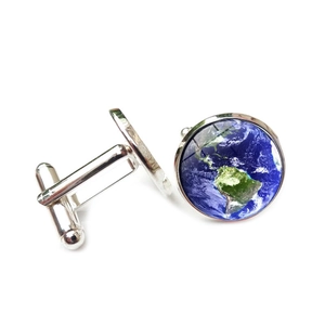 Silver cufflinks featuring round colorful Earth map design with polished glass finish
