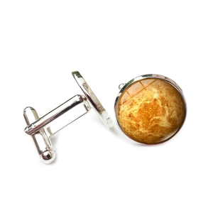 Silver galaxy shirt cufflinks featuring a round yellow Venus planet celestial design