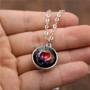 Cosmos galaxy nebula double-sided glass ball pendant necklace with silver chain for women