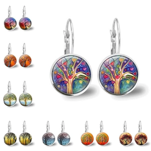 Vintage Tree Of Life Leverback Earrings Glass Cabochon Silver Color Alloy Drop Earrings For Women Artistic Jewelry Gift