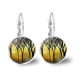 Silver Tree of Life leverback earrings with vintage glass cabochon art design