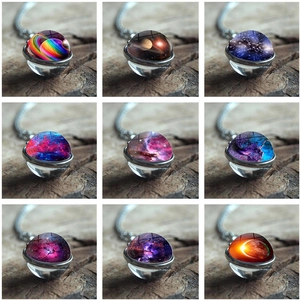 Galaxy Planet Pendant Necklace Vintage Glass Ball Alloy Silver Chain Universe Nebula Jewelry For Women Men