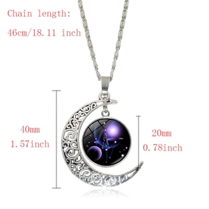 Detailed view of silver Libra moon pendant with starry sky gem and size specifications